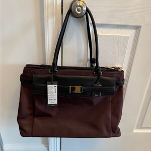 Tumi Hayward triple compartment tote Larkin burgundy deep plum black leather nwt